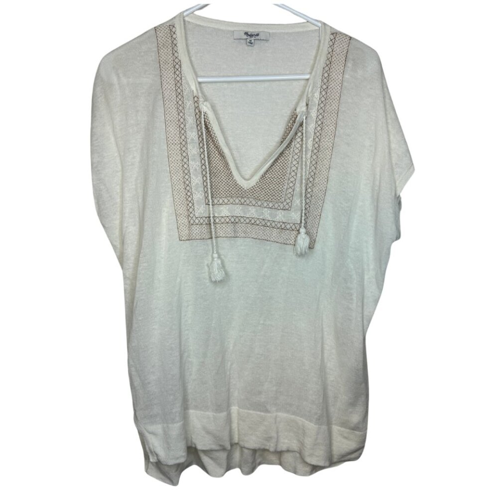Madewell Cream Tunic Embroidered Detailing | Women's Size M Peasant Tassel Top